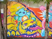 Smeesh<br/>2022 - 2023<br/><span style= "font-size: 6pt">33.751649408766816, -84.36583736154303</span> Street Art Mural formerly in Cabbagetown Atlanta by Smeesh featuring a tiger and a teddy bear