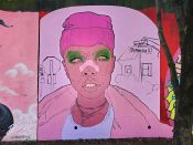 Faatimah Stevens<br/>2018 - 2024<br/><span style= "font-size: 6pt">33.75124698006187, -84.36682088539058</span> Street Art Mural formerly in Cabbagetown Atlanta by Faatimah Stevens featuring a woman with a bandaid on her nose