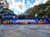 Artist ?<br/>2022 - 2022<br/><span style= "font-size: 6pt">33.73071385588409, -84.33697631474016</span> Street Art Mural formerly in East Atlanta by an unknown Artist featuring "Groundtown Cafe"