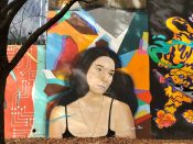 Austin Blue<br/>2022 - 2023<br/><span style= "font-size: 6pt">33.75156636591088, -84.36622448265553</span> Street Art Mural formerly in Cabbagetown Atlanta by Austin Blue featuring a woman on an abstract background