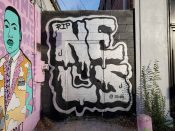 Chris Veal<br/>2022 - 2024<br/><span style= "font-size: 6pt">33.76675917572335, -84.34892124667782</span> Street Art Mural formerly in Little Five Points Atlanta by Chris Veal featuring "RIP NELS"