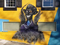 Janice Wilcox<br/>2023 - 2026<br/><span style= "font-size: 6pt">33.85404411392316, -84.38134106392037</span> Street art mural formerly in Buckhead Atlanta by Janice Wilcox featuring a Bitcoin demon.