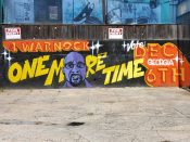 Letsgopaint (Matt Letrs)<br/>2023 - 2023<br/><span style= "font-size: 6pt">33.740418971579494, -84.34622799328099</span> Street Art Mural formerly in East Atlanta Village by Matt Letrs featuring Raphael Warnock