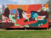 Artist ?<br/>2015? - 2024<br/><span style= "font-size: 6pt">33.774091911716184, -84.43991621576406</span> Street Art Mural formerly in Grove Park Atlanta by an unknown artist featuring a face and a sunburst pattern