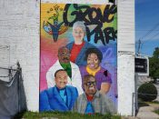 Victor Walker<br/>2023 - 2024<br/><span style= "font-size: 6pt">33.771748140559176, -84.44009743319342</span> Street Art Mural formerly in Grove Park Atlanta by Victor Walker featuring five people