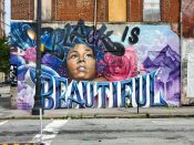 Menace Two and Resa Piece<br/>2023 - 2025<br/><span style= "font-size: 6pt">33.755427383644175, -84.38016023680784</span> Street Art Mural formerly in Downtown Atlanta by Menace Two and Resa Piece featuring "Black is Beautiful"