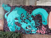 Courtney Hicks<br/>2023 - 2024<br/><span style= "font-size: 6pt">33.752034907412366, -84.36421416699942</span> Street Art Mural formerly in Cabbagetown Atlanta by Courtney Hicks featuring a dragon