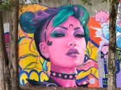 Smeesh<br/>2023 - 2025<br/><span style= "font-size: 6pt">33.751649408766816, -84.36583736154303</span> Street Art Mural formerly in Cabbagetown Atlanta by Smeesh featuring a woman with green hair