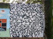 Aesek<br/>2023 - 2024<br/><span style= "font-size: 6pt">33.75127275009281, -84.36673074960709</span> Street Art Mural formerly in Cabbagetown Atlanta by Aesek featuring a black and grey pattern