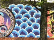 Fay Bell<br/>2023 - 2025<br/><span style= "font-size: 6pt">33.75149206013247, -84.36653660150725</span> Street Art Mural formerly in Cabbagetown Atlanta by Fay Bell featuring a blue geological pattern