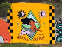 Linda McNeil<br/>2023 - 2025<br/><span style= "font-size: 6pt">33.75154599355054, -84.3663302798196</span> Street Art Mural in Cabbagetown Atlanta by Linda McNeil featuring a woman with a bow and arrows