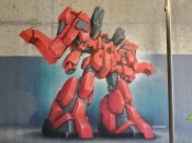 Mr. Totem 2<br/>2023 - 2025<br/><span style= "font-size: 6pt">33.808494989861295, -84.37759295411627</span> Graffiti piece formerly on the BeltLine in Buckhead Atlanta by Mr. Totem 2 featuring a robot.