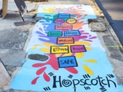 Ashley Dopson<br/>2023 - 2024<br/><span style= "font-size: 6pt">33.74238251799535, -84.43682180754793</span> Street Art Mural formerly in Westview Atlanta by Ashley Dopson featuring hopscotch