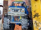 FRKO<br/>2022 - 2026<br/><span style= "font-size: 6pt">33.763558222356075, -84.35141684899614</span> Street Art Mural formerly in Little Five Points Atlanta by FRKO featuring a truck