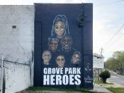 Petie Parker (Kareem Thompson)<br/>2024 - 2025<br/><span style= "font-size: 6pt">33.771748140559176, -84.44009743319342</span> Street Art Mural formerly in Grove Park Atlanta by Petie Parker (Kareem Thompson) featuring residents of the neighborhood