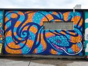 Chris Alvarez and Courtney Hicks<br/>2024 - 2025<br/><span style= "font-size: 6pt">33.74383148617439, -84.43870680160599</span> Street Art Mural formerly in Westview Atlanta by Chris Alvarez and Courtney Hicks featuring a snake.