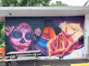 Letsgopaint (Matt Letrs)<br/>2024 - 2025<br/><span style= "font-size: 6pt">33.74652676859553, -84.36865195630983</span> Street Art Mural formerly in Grant Park Atlanta by Letsgopaint (Matt Letrs) featuring a face and two flowers.