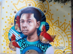Derrick Phillips Sr.<br/>2023 - 2025<br/><span style= "font-size: 6pt">33.751636334111794, -84.36588908979103</span> Street Art Mural in Cabbagetown Atlanta by Derrick Phillips Sr. featuring a young man with three birds