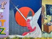 Noe Alarcon<br/>2024 - 2025<br/><span style= "font-size: 6pt">33.75246004145718, -84.36253643176391</span> Street Art Mural formerly in Cabbagetown Atlanta by Noe Alarcon featuring a woman with a sword in her head