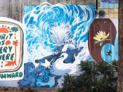 Sarah Jiang<br/>2024 - 2025<br/><span style= "font-size: 6pt">33.75176151196066, -84.36535440504912</span> Street Art Mural in Cabbagetown Atlanta by Sarah Jiang featuring a white creature