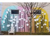 Lela Brunet<br/>2016 - 2025 <br/><span style= "font-size: 6pt">33.73458218266367, -84.34899028065253</span> Street Art Mural formerly in East Atlanta by Lela Brunet featuring shapes on top of sticks