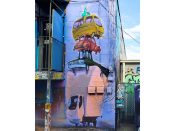 Jarrett Becke<br/>2021 - 2022<br/><span style= "font-size: 6pt">33.76663588918743, -84.34964962033871</span> Street Art Mural formerly in Little Five Points Atlanta by Jarrett Becke featuring stacked vehicles