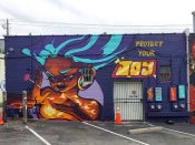 Drew Borders<br/>2024 - 2026<br/><span style= "font-size: 6pt">33.741183034180644, -84.34701718688454</span> Street Art Mural formerly in East Atlanta by Drew Borders featuring "Protect your joy"