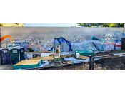 Niki Zarrabi<br/>2018 - 2025<br/><span style= "font-size: 6pt">33.75073548315979, -84.39296488931983</span> Street Art mural formerly in downtown Atlanta by Nikki Zarrabi featuring a colorful abstract pattern