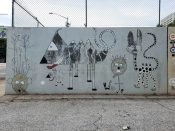 Artist ?<br/>2007? - 2026<br/><span style= "font-size: 6pt">33.75018347230092, -84.39423199722606</span> Street Art Mural in Southwest Downtown Atlanta by an unknown artist featuring several odd characters