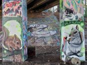 Cere Sureal<br/>2020 - 2020<br/><span style= "font-size: 6pt">33.76457460178632, -84.35962198295516</span> Street Art Mural formerly on the BeltLine under Freedom Parkway in Old Fourth Ward Atlanta by Cere Sureal featuring a squirrel, a bird, and a chipmumk