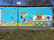 70Dot (Donna Howells) & Alex Ferror<br/>2018? - 2019<br/><span style= "font-size: 6pt">33.73465551133086, -84.34885185723215</span> street art mural formerly in East Atlanta by 70dot (Donna Howells) and Alex Ferror featuring whimsical creatures