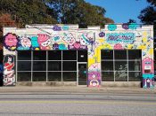 Killamari<br/>2016 - 2025<br/><span style= "font-size: 6pt">33.73452977062762, -84.3492019244544</span> Street Art Mural formerly in East Atlanta by Killamari featuring anthropomorphic food