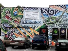 Street Art Mural formerly in Little Five Points Atlanta by Watson Atkinson featuring a green face with laser beam eyes