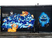 SKIE<br/>2019 - 2019<br/><span style= "font-size: 6pt">33.76667155478286, -84.34966695685841</span> Street Art Mural and Graffiti Piece formerly in Little Five Points Atlanta by SKIE featuring a blue creature