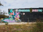 Jesse Jaeger<br/>2017 - 2018<br/><span style= "font-size: 6pt">33.754036, -84.371504</span> Street Art Mural formerly in Old Fourth Ward Atlanta by Jesse Jaeger featuring "Edgewood Loves You"