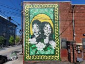 Jasmine Nicole Williams<br/>2025 - 2026<br/><span style= "font-size: 6pt">33.75440835318092, -84.37162071464485</span> Street Art Mural formerly in Old Fourth Ward Atlanta by Jasmine Nicole Williams featuring portraits of two women on a yellow and green background