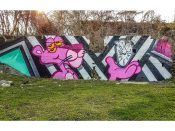 Letsgopaint (Matt Letrs)<br/>2018 - 2020<br/><span style= "font-size: 6pt">33.74689731386493, -84.36491668081887</span> Street Art Mural formerly in Cabbagetown Atlanta by Matt Letrs of the Pink Panther holding a clock