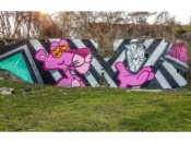 Letsgopaint (Matt Letrs)<br/>2018 - 2020<br/><span style= "font-size: 6pt">33.74689731386493, -84.36491668081887</span> Street Art Mural formerly in Cabbagetown Atlanta by Matt Letrs of the Pink Panther holding a clock