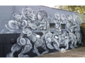 Trey Moseley<br/>? - 2022<br/><span style= "font-size: 6pt">33.75428850602439, -84.36301582436174</span> Street Art Mural formerly in Inman Park Atlanta by Trey Moseley featuring grey stylized people