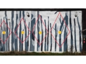 Pastel<br/>2013 - 2023<br/><span style= "font-size: 6pt">33.747486340141364,-84.35078300535679</span> street art mural formerly in Reynoldstown Atlanta by Pastel featuring vertical black lines and red diamonds