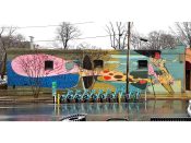 Tommy Taylor<br/>2011 - 2022<br/><span style= "font-size: 6pt">33.761847120666005,-84.35784619207197</span> Street Art Mural formerly in Inman Park Atlanta by Tommy Taylor featuring stylized images of a person and a slice of pizza