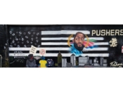 Paul Athol Lewis<br/>2019 - 2021<br/><span style= "font-size: 6pt">33.76460075336342, -84.3500035001358</span> Street Art Mural formerly in Little Five Points Atlanta by Paul Athol Lewis featuring an anti gun violence message