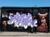 SKIE<br/>2019 - 2021<br/><span style= "font-size: 6pt">33.76668147560329,-84.3496717326343</span> Graffiti Piece formerly in Little Five Points Atlanta by SKIE featuring a woman with horns on her head