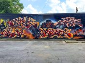 SKIE et al.<br/>2020 - 2022<br/><span style= "font-size: 6pt">33.766844412527306, -84.3497476980394</span> Graffiti piece and Mural by SKIE et al. formerly in Little Five Points Atlanta featuring a warrior and an elephant