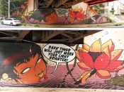 Rising Red Lotus (Brandon Sadler)<br/>2018 - 2020<br/><span style= "font-size: 6pt">33.76755295342503, -84.3608898843679</span> Street Art Mural formerly in Old Fourth Ward Atlanta by Brandon Sadler featuring a face and a lotus flower