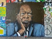 Chris Veal<br/>2020 - 2020<br/><span style= "font-size: 6pt">33.76452235743326, -84.35954529294565</span> Street Art Mural formerly on the BeltLine in Old Fourth Ward by Chris Veal featuring John Lewis