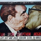 <strong>Artist:</strong> Dmitry Vrubel<br>
<strong>Location:</strong> Berlin Wall at the Eastside Gallery<br>
<strong>Notes:</strong> Leonid Brezhnev and Erich Honecker