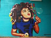 Gina Franco<br/>2018 - 2023<br/><span style= "font-size: 6pt">33.72769770174699,-84.41655559636456</span> Street Art Mural formerly on the BeltLine in West End Atlanta by Gina Franco featuring a girl blowing bubbles
