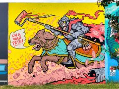Chris Makes Art (Chris Wright)<br/>2025 - <br/><span style= "font-size: 6pt">33.752472099458046, -84.36249958297508</span> Street Art Mural in Cabbagetown Atlanta by Chris Makes Art (Chris Wright) featuring a knight on a dog