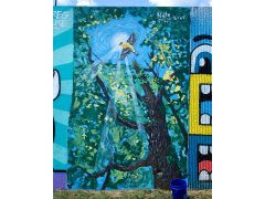 Nate Frost<br/>2025<br/><span style= "font-size: 6pt">33.75251147721772, -84.36255616320287</span> Street Art Mural in Cabbagetown Atlanta by Nate Frost featuring a bird in the woods